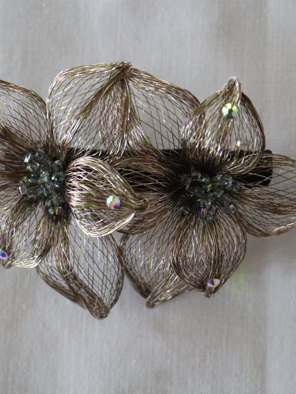 French Barrette Handmade gold copper wire mesh rhinestones glass beads 5" x 3"